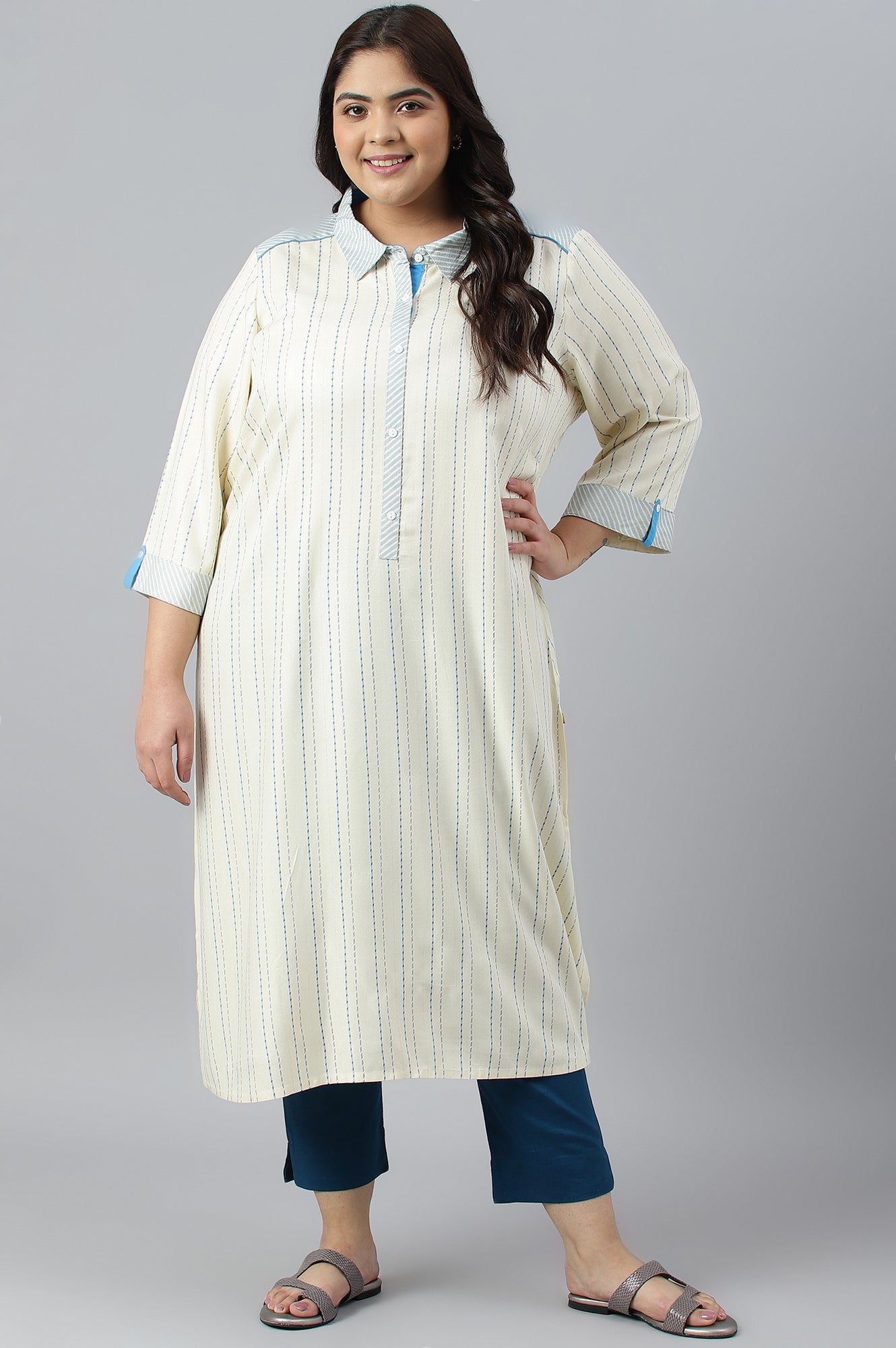 Beige Shirt Collar Stripe Print Plus Size kurta