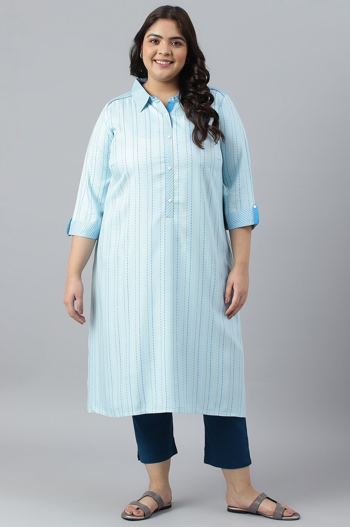 Blue Shirt Collar Stripe Print Plus Size kurta - 3XL