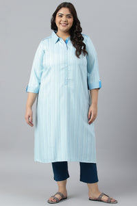 Blue Shirt Collar Stripe Print Plus Size kurta