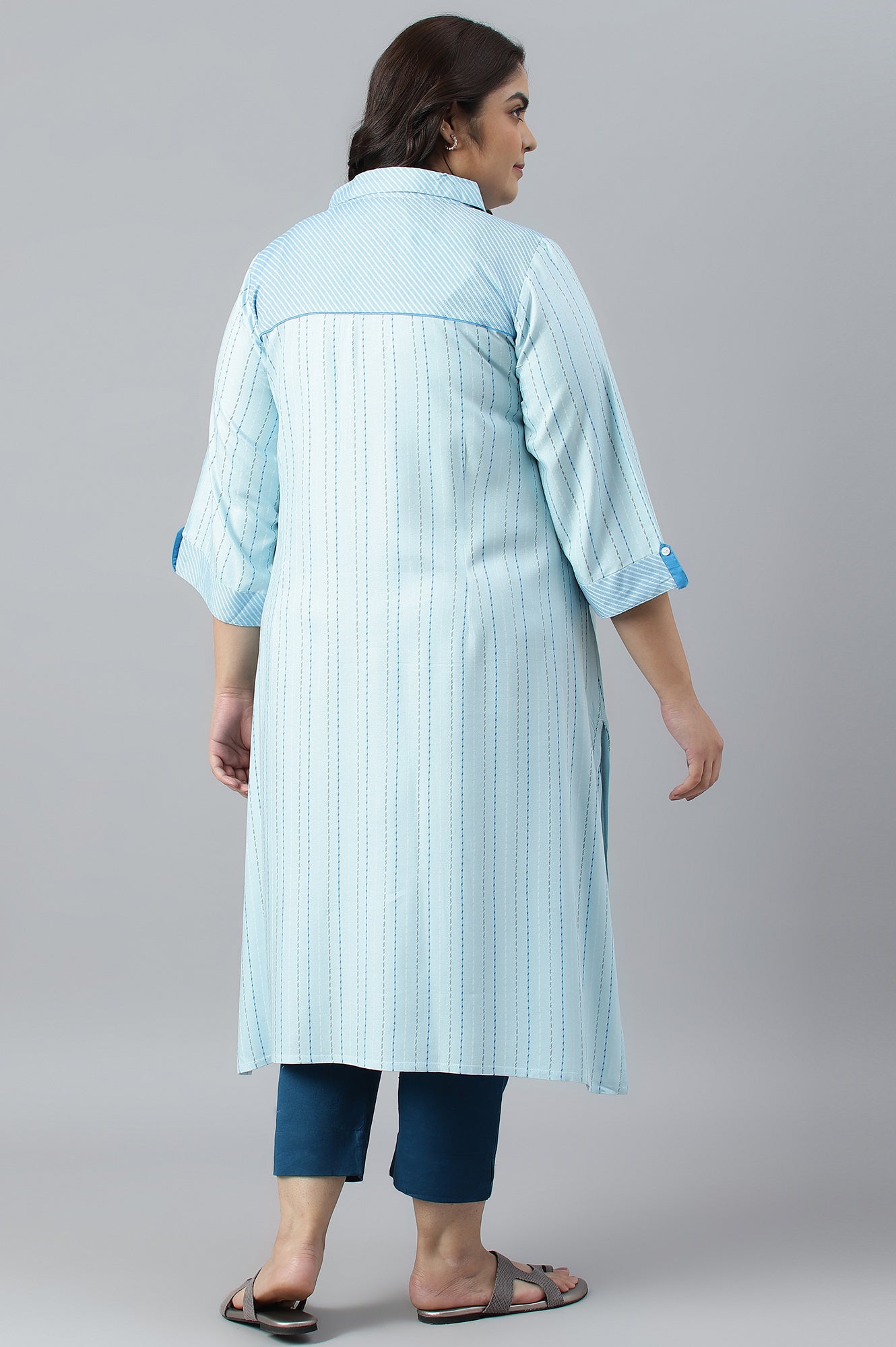 Blue Shirt Collar Stripe Print Plus Size kurta