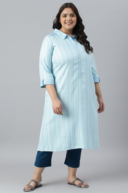 Blue Shirt Collar Stripe Print Plus Size kurta