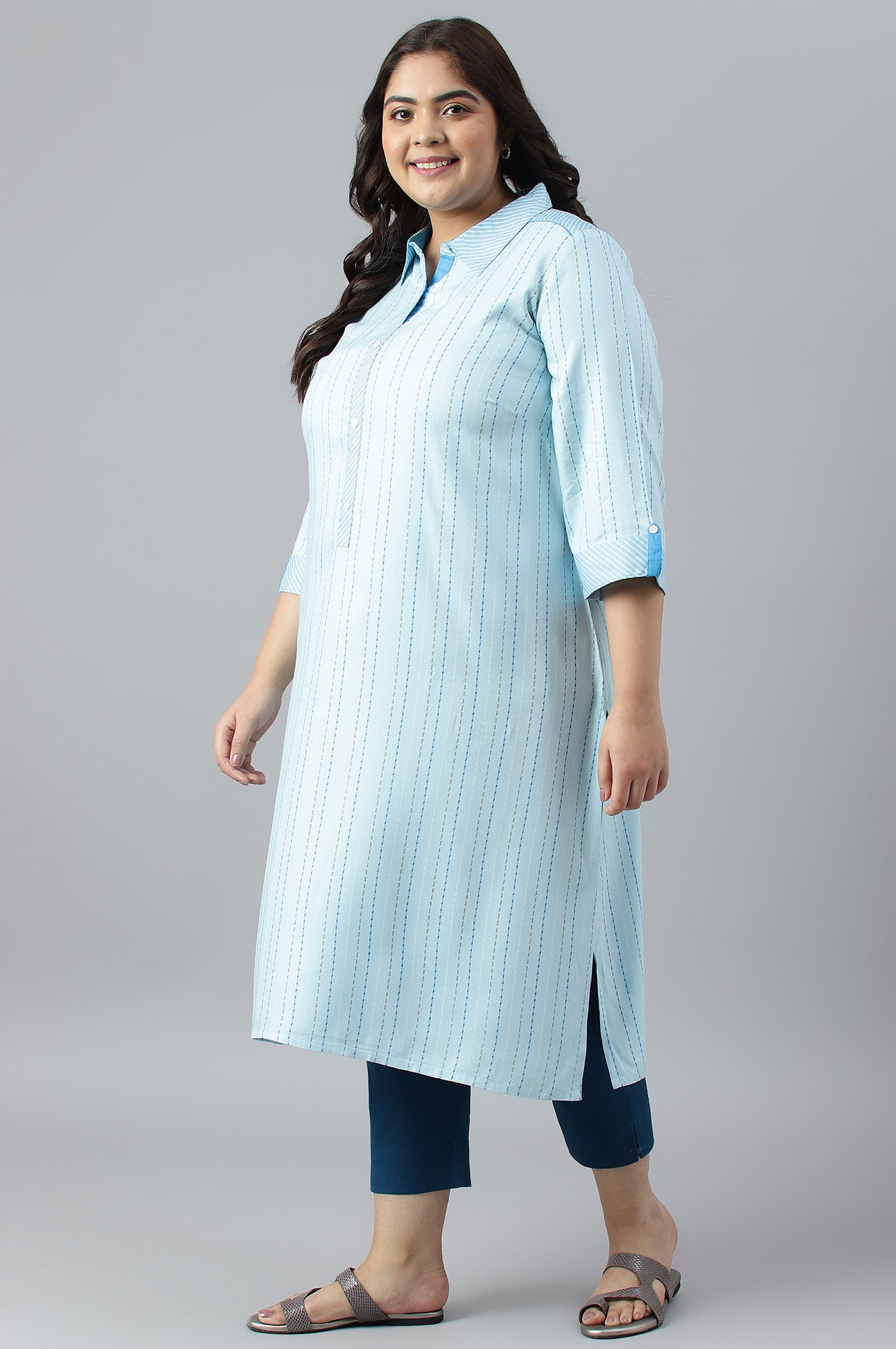 Blue Shirt Collar Stripe Print Plus Size kurta