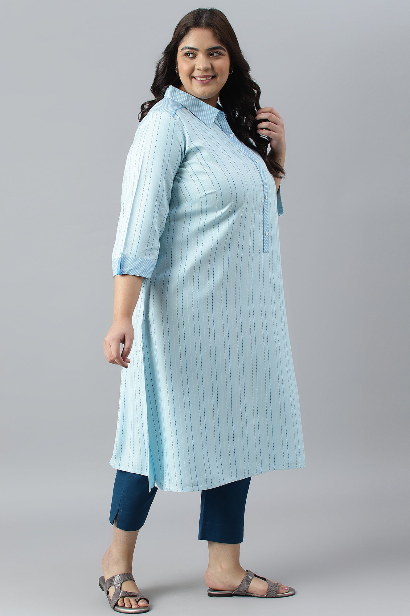 Blue Shirt Collar Stripe Print Plus Size kurta