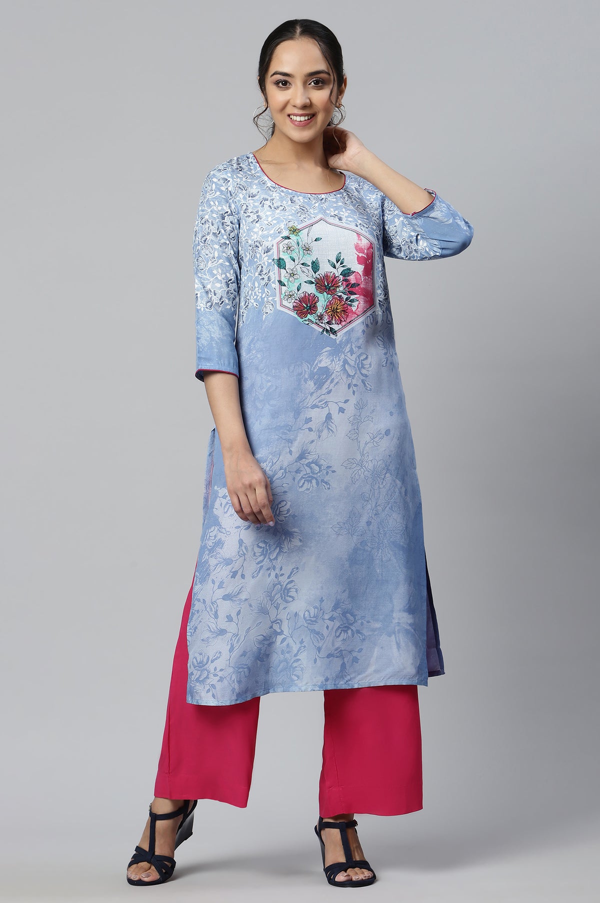 Blue Floral Print Ethnic kurta - M