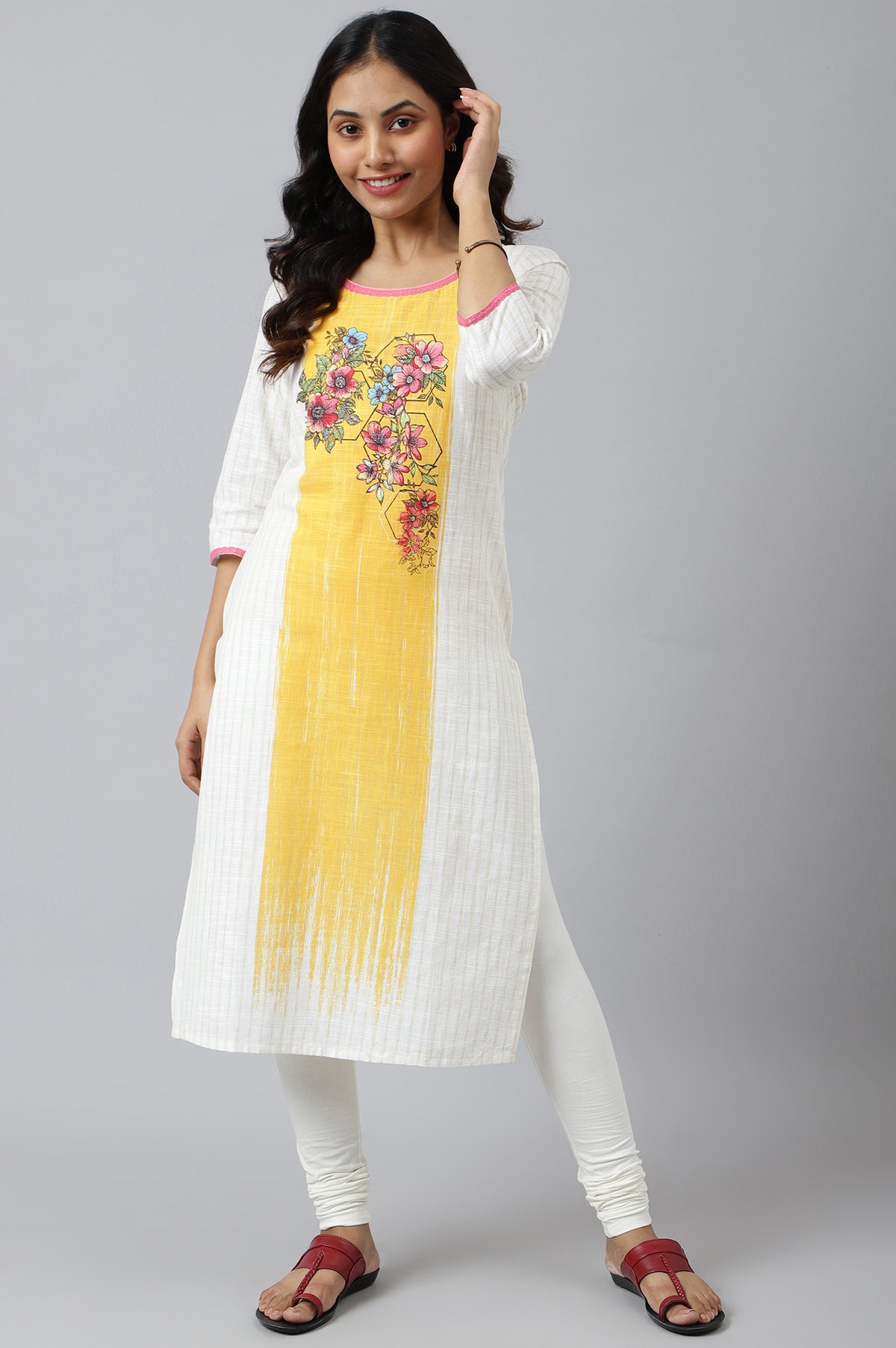 White Ethnic kurta with Yellow & Pink Placement Print - XS
