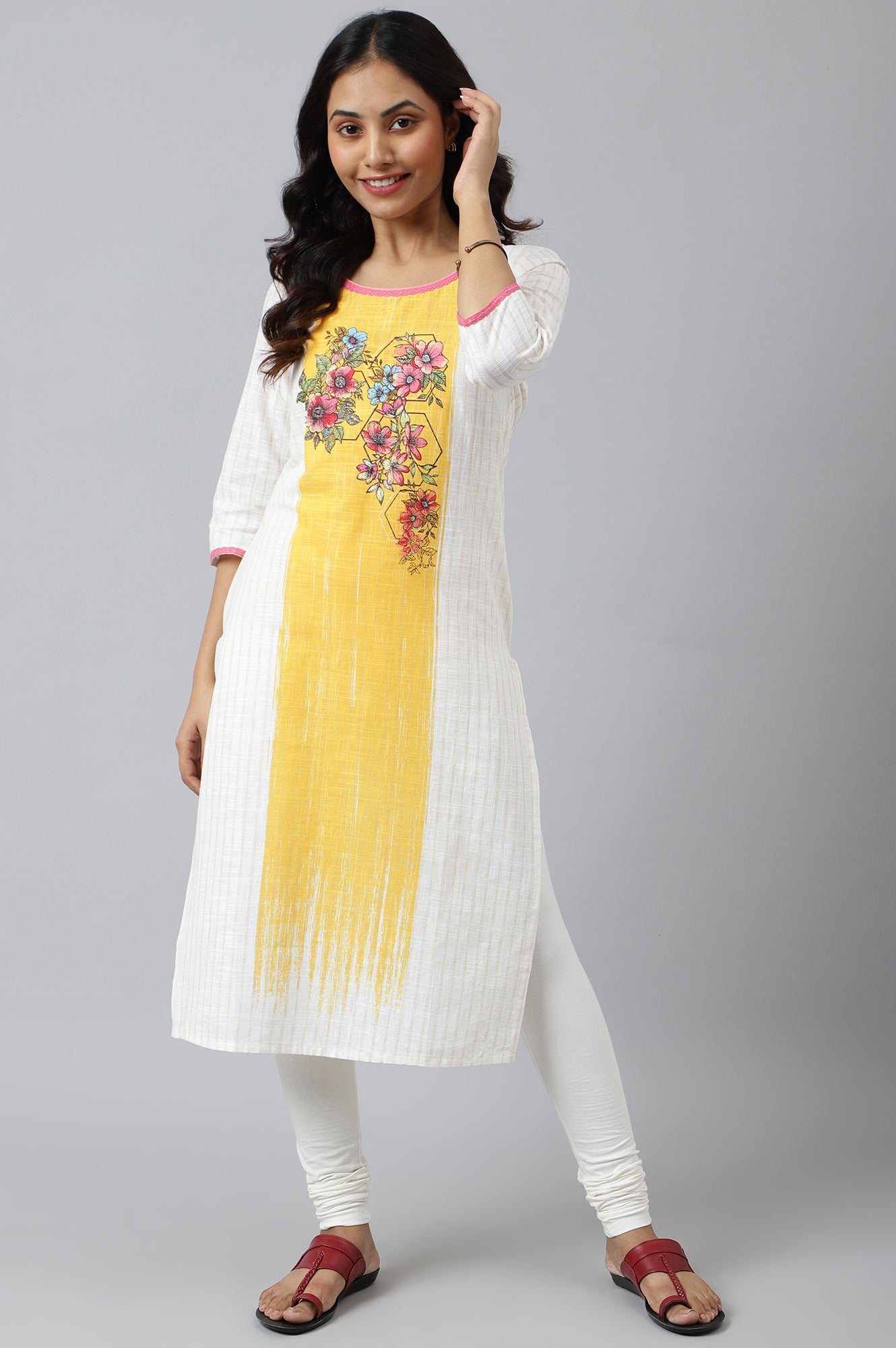 White Ethnic kurta with Yellow &amp; Pink Placement Print