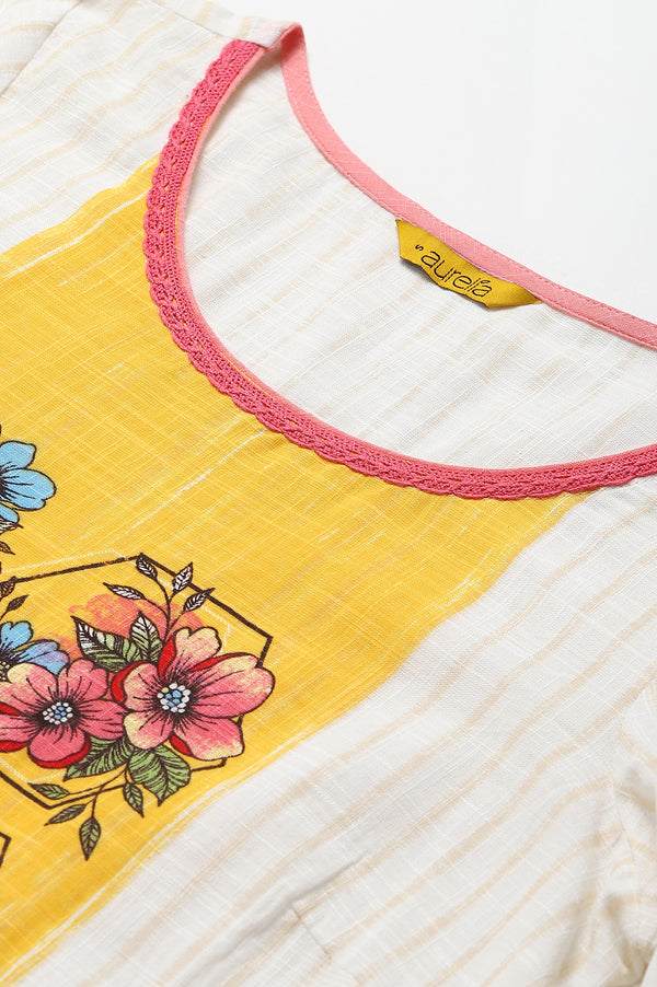 White Ethnic kurta with Yellow & Pink Placement Print