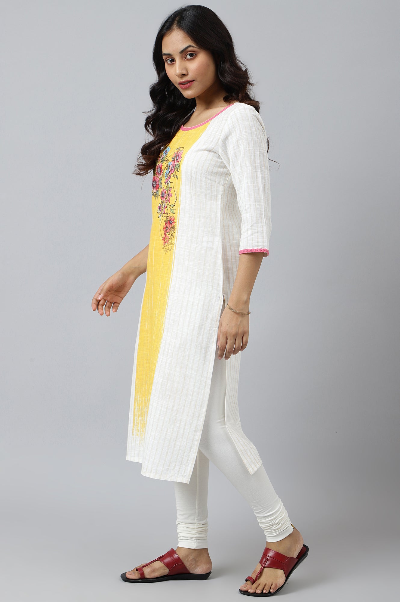 White Ethnic kurta with Yellow &amp; Pink Placement Print