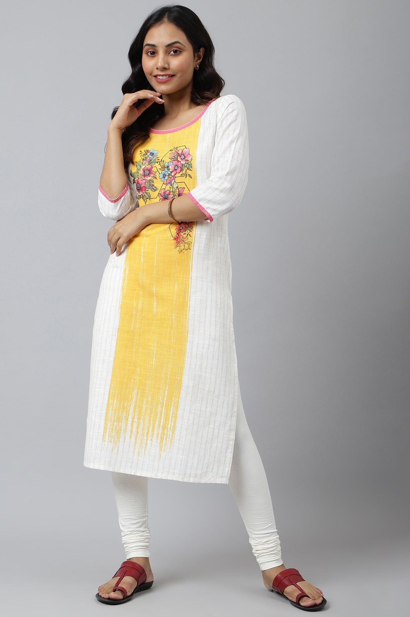 White Ethnic kurta with Yellow &amp; Pink Placement Print