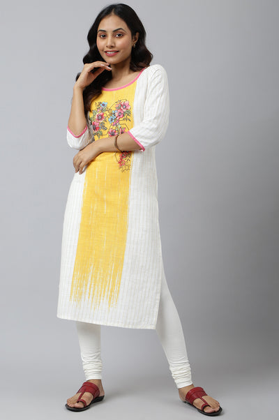 White Ethnic kurta with Yellow & Pink Placement Print