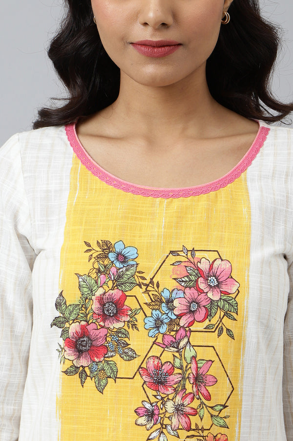 White Ethnic kurta with Yellow & Pink Placement Print
