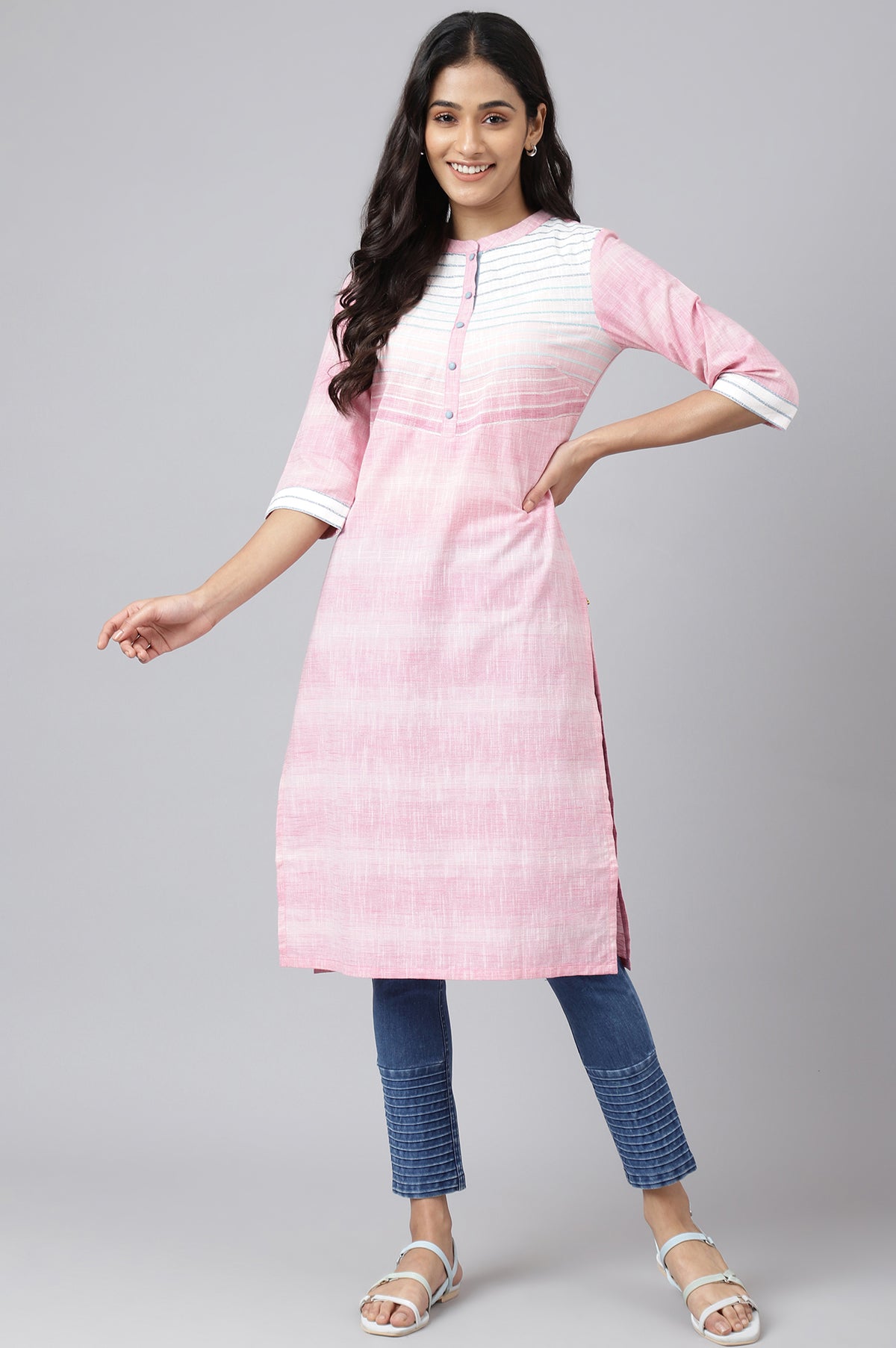 Pink Cotton Yarn-Dyed Plus Size kurta - 3XL