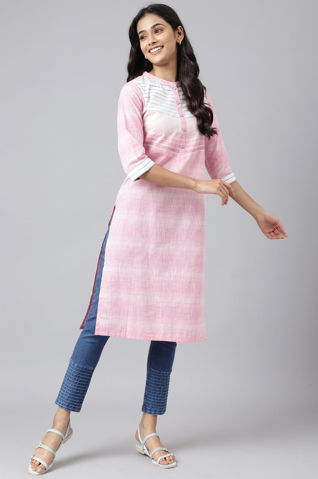 Pink Cotton Yarn-Dyed Plus Size kurta