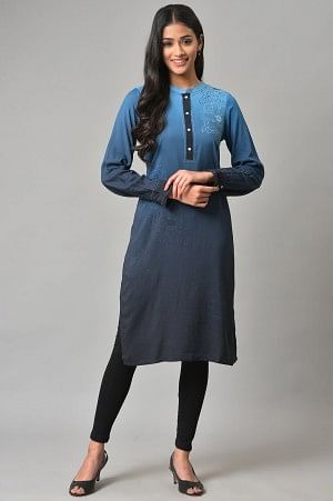 Navy Blue Printed Rayon Liva Kurta