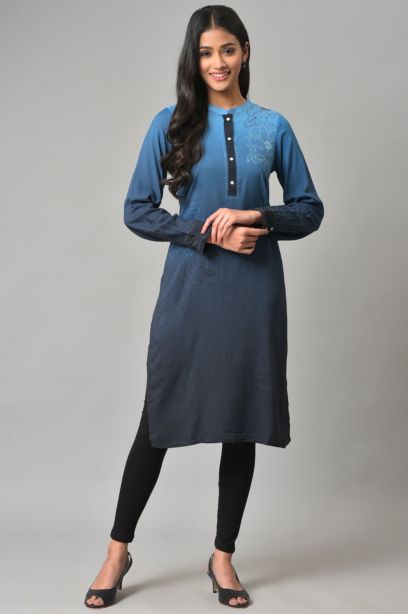 Navy Blue Printed Rayon Liva kurta