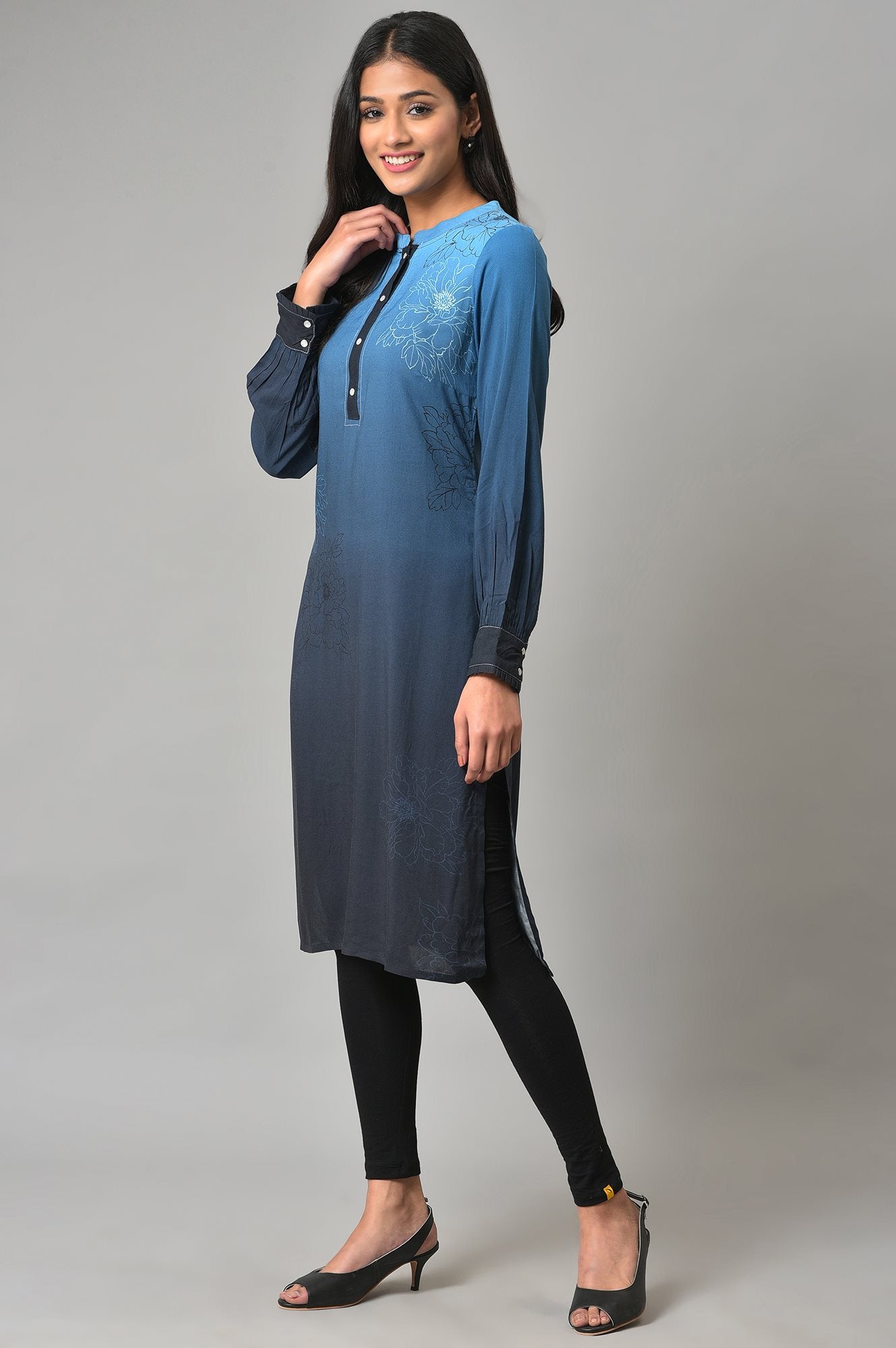 Navy Blue Printed Rayon Liva kurta