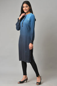 Navy Blue Printed Rayon Liva Kurta