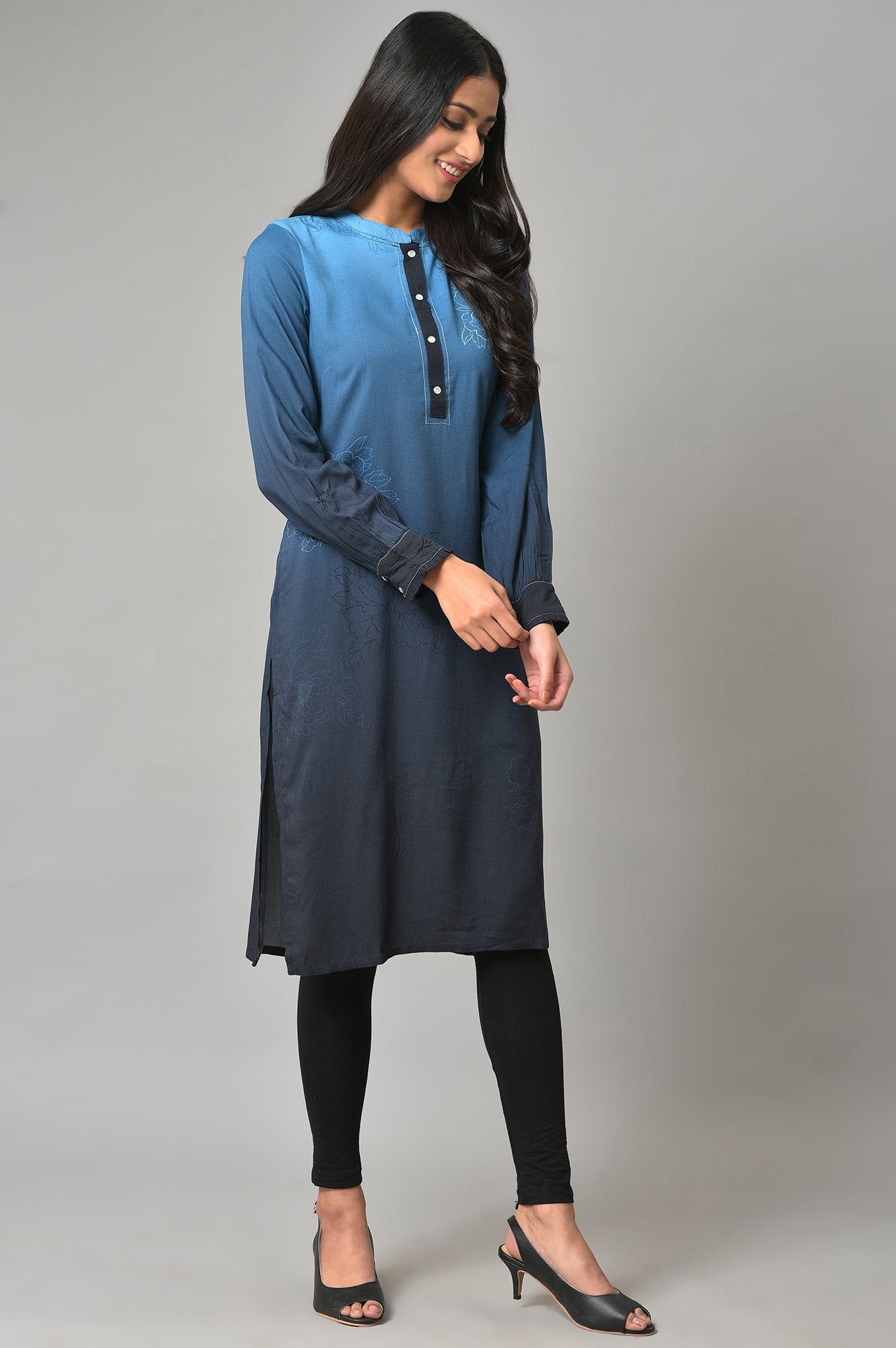 Navy Blue Printed Rayon Liva kurta