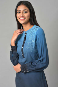 Navy Blue Printed Rayon Liva Kurta