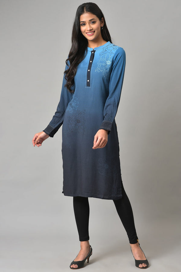 Navy Blue Printed Rayon Liva Kurta