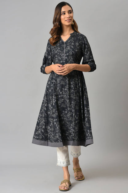 Grey Floral Printed Ethnic LIVA kurta