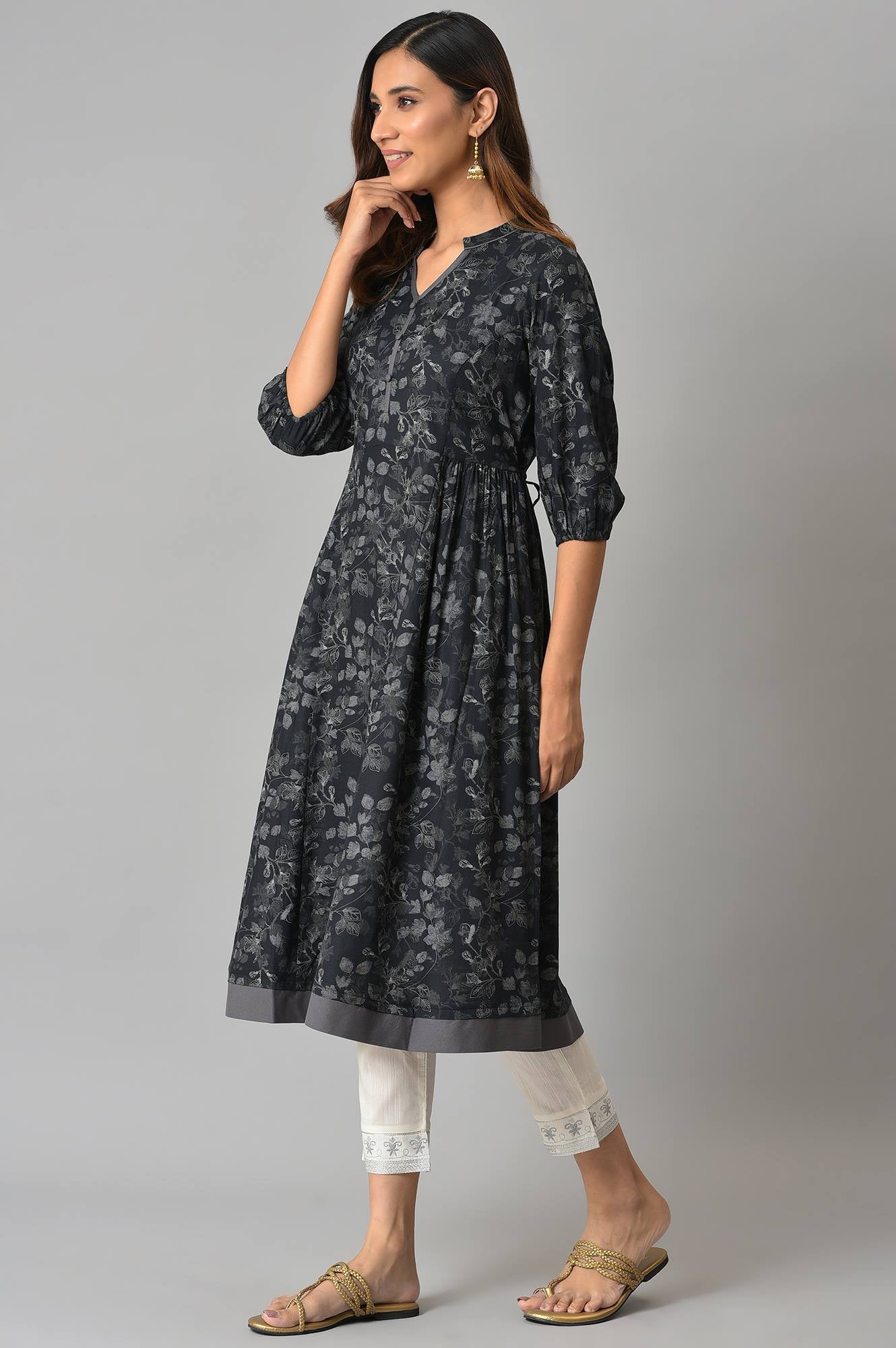 Grey Floral Printed Ethnic LIVA kurta