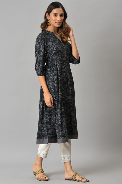 Grey Floral Printed Ethnic LIVA kurta