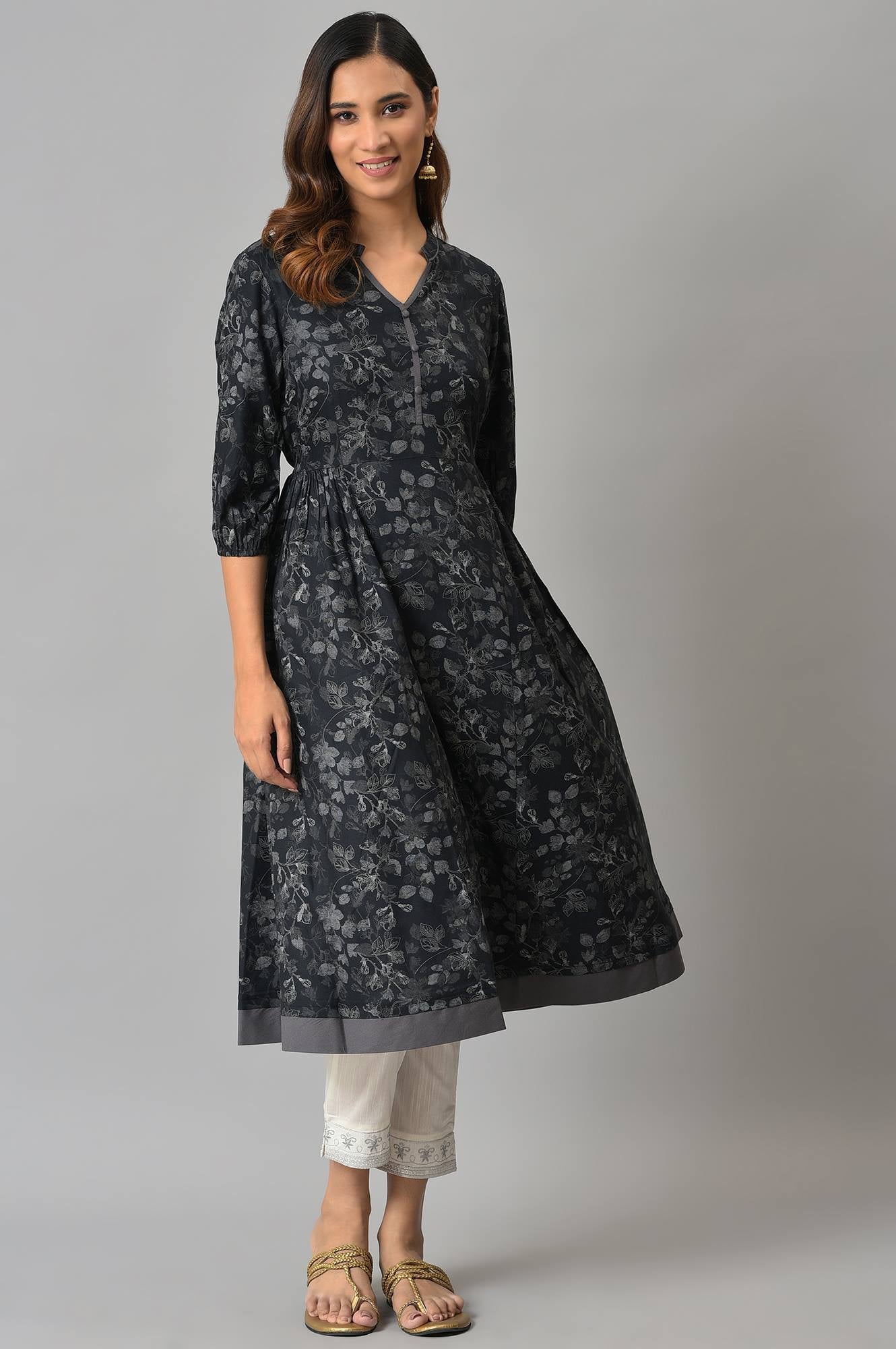 Grey Floral Printed Ethnic LIVA kurta