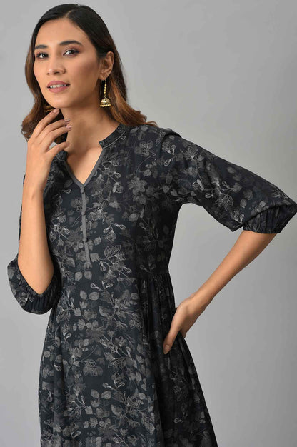 Grey Floral Printed Ethnic LIVA kurta