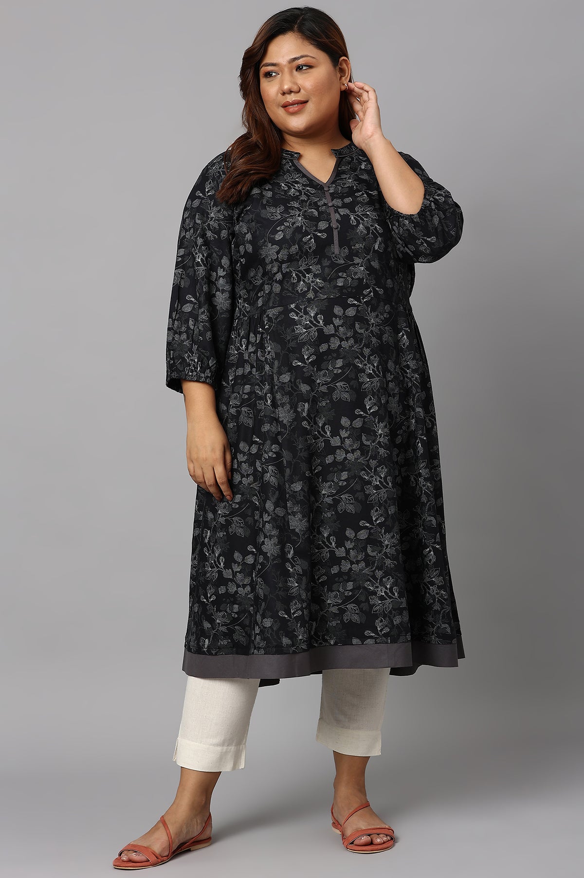 LIVA Grey Floral Printed Ethnic Plus Size kurta - 3XL