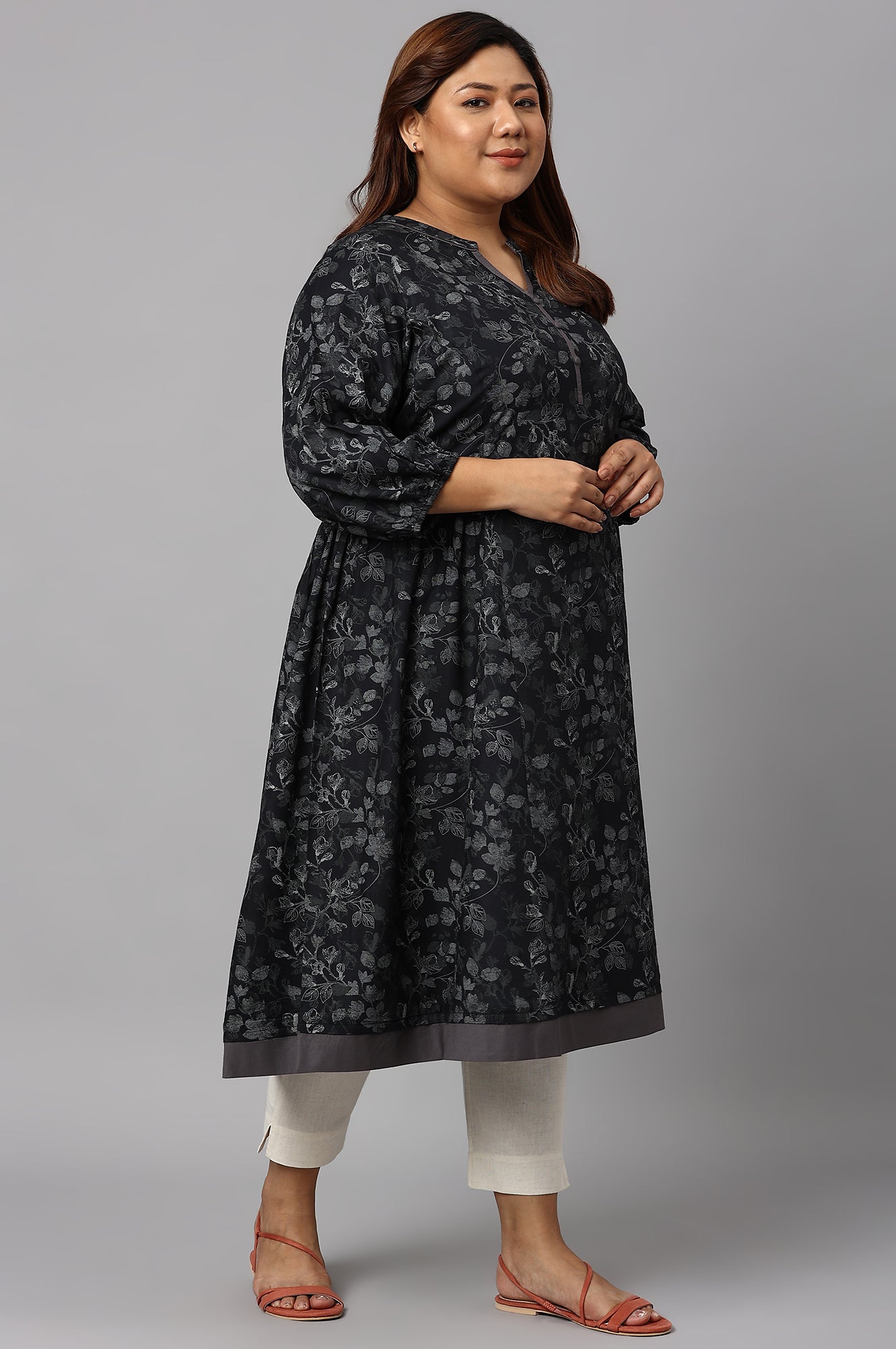 LIVA Grey Floral Printed Ethnic Plus Size kurta