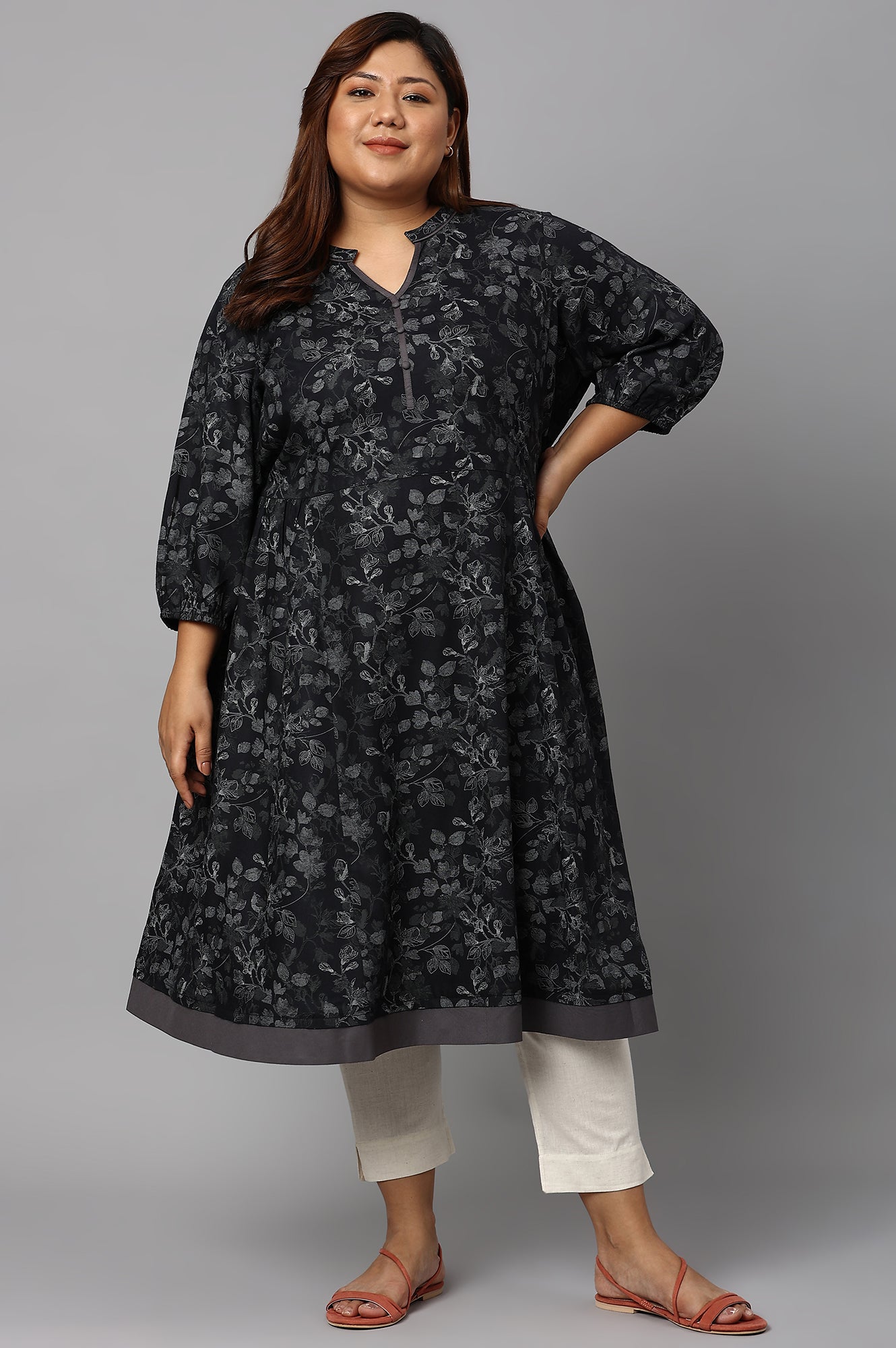 LIVA Grey Floral Printed Ethnic Plus Size kurta