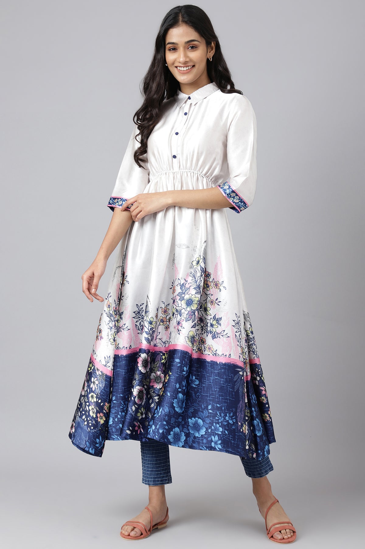 Grey Floral Print kurtas in Poly Japan Satin - XS