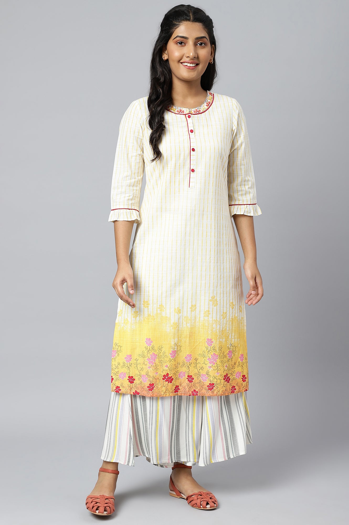 White and Yellow Printed kurta with Embroidered Collar