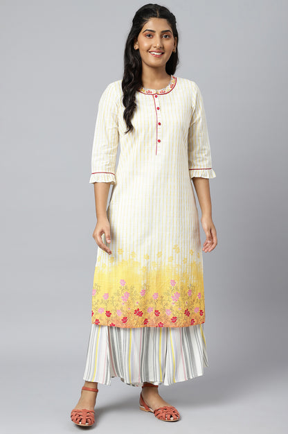 White and Yellow Printed kurta with Embroidered Collar