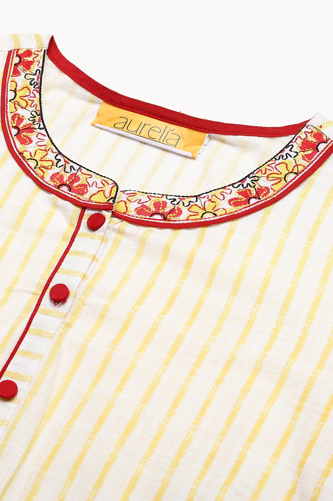 White and Yellow Printed kurta with Embroidered Collar