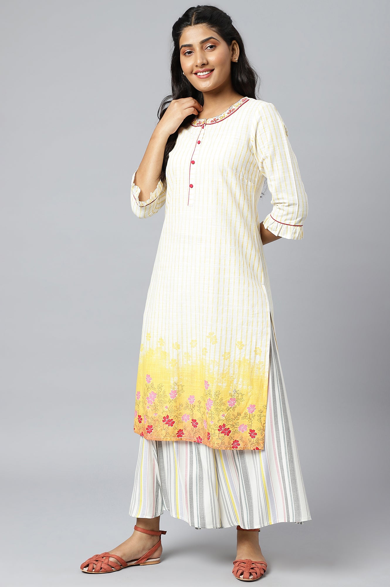 White and Yellow Printed kurta with Embroidered Collar