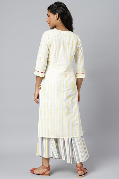 White and Yellow Printed kurta with Embroidered Collar