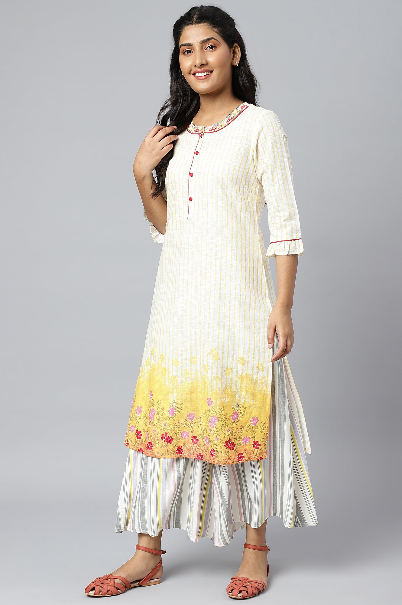 White and Yellow Printed kurta with Embroidered Collar