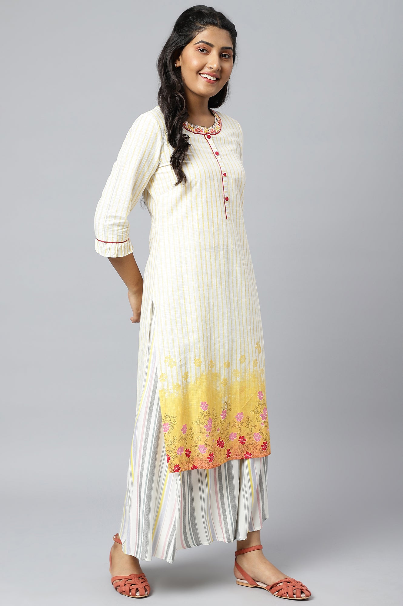 White and Yellow Printed kurta with Embroidered Collar