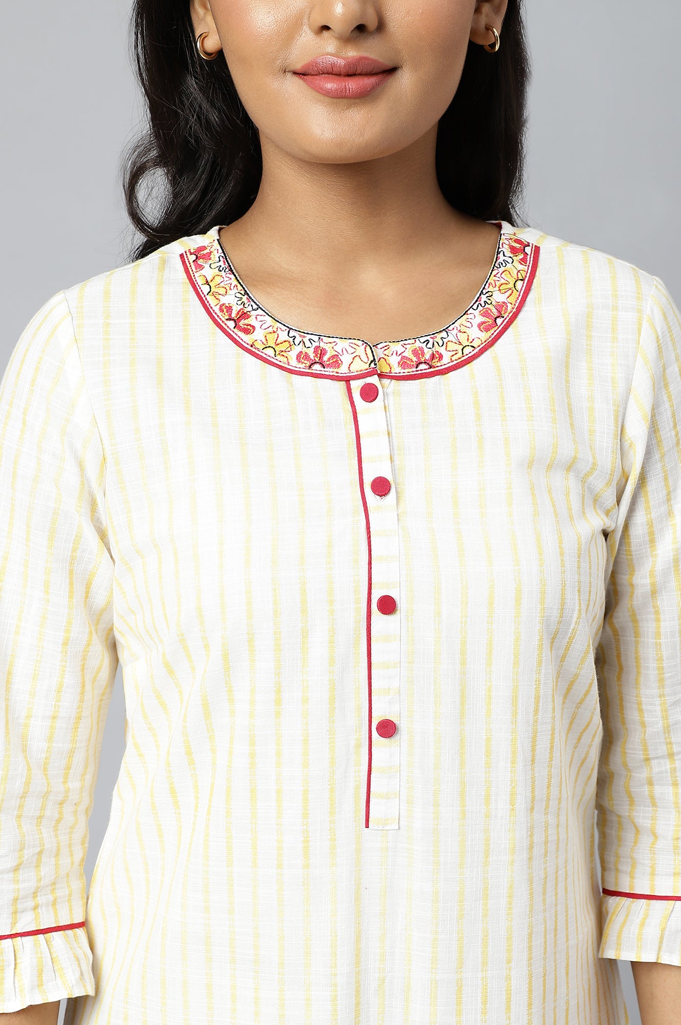 White and Yellow Printed kurta with Embroidered Collar