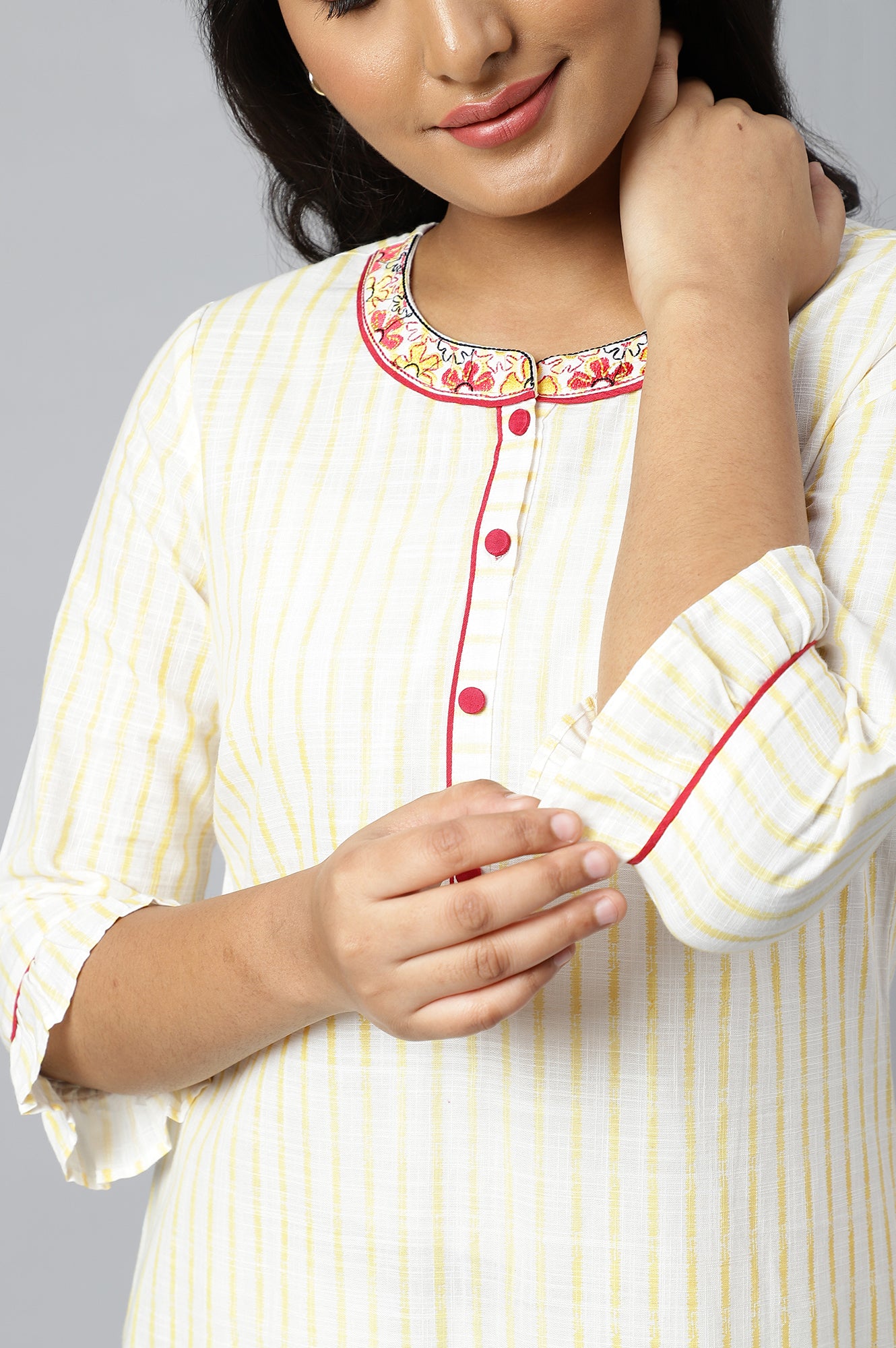 White and Yellow Printed kurta with Embroidered Collar