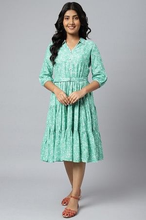 Green Shirt Collar Floral Printed LIVA Dress