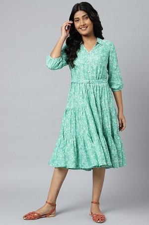 Green Shirt Collar Floral Printed LIVA Dress