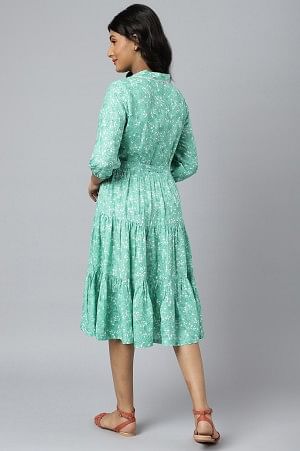 Green Shirt Collar Floral Printed LIVA Dress