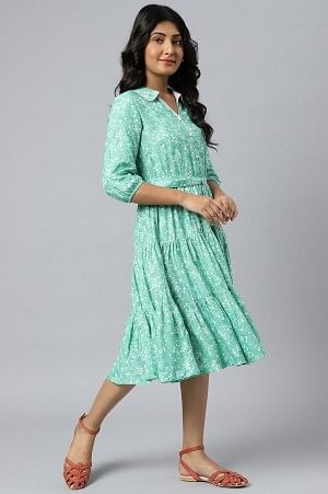 Green Shirt Collar Floral Printed LIVA Dress