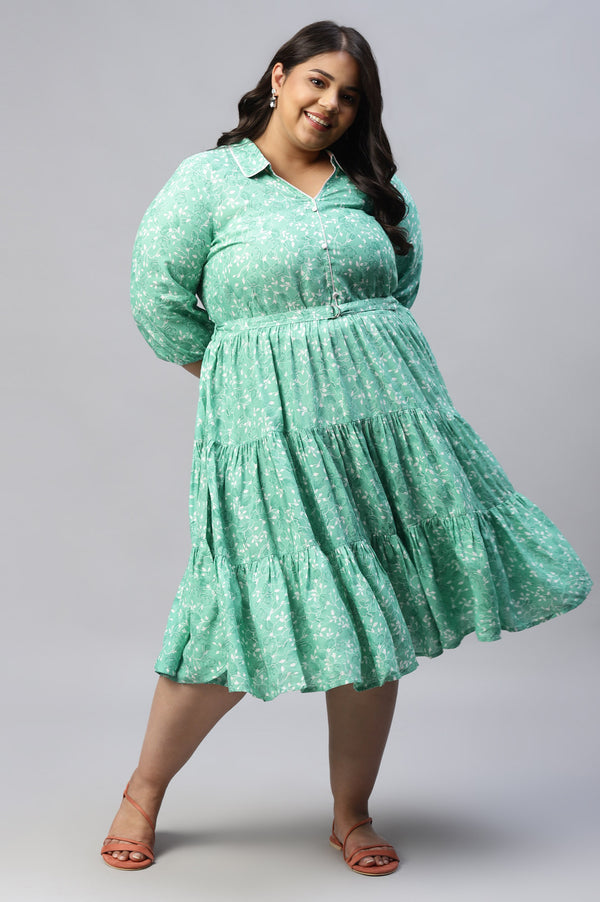 Green Shirt Collar Plus Size Liva Dress With Floral Motifs