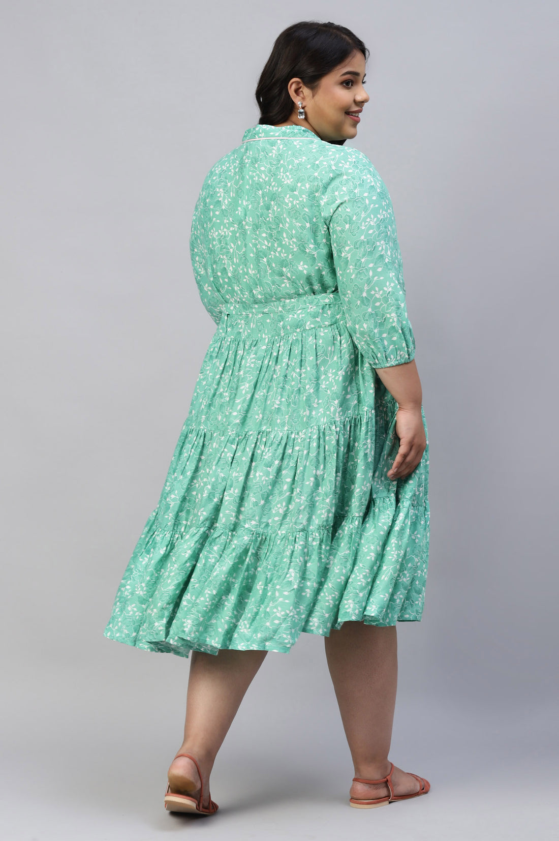 Green Shirt Collar Plus Size Liva Dress With Floral Motifs