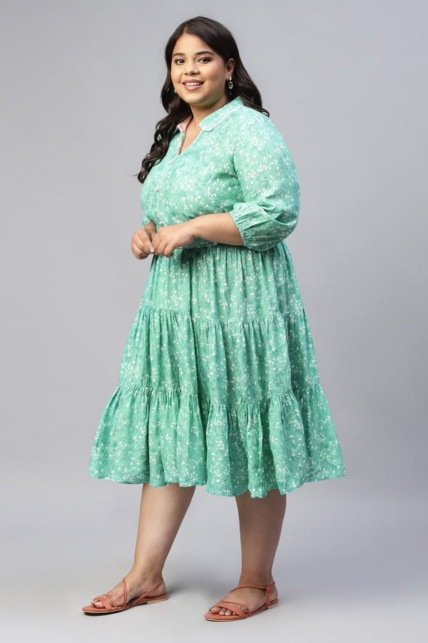 Green Shirt Collar Plus Size Liva Dress With Floral Motifs