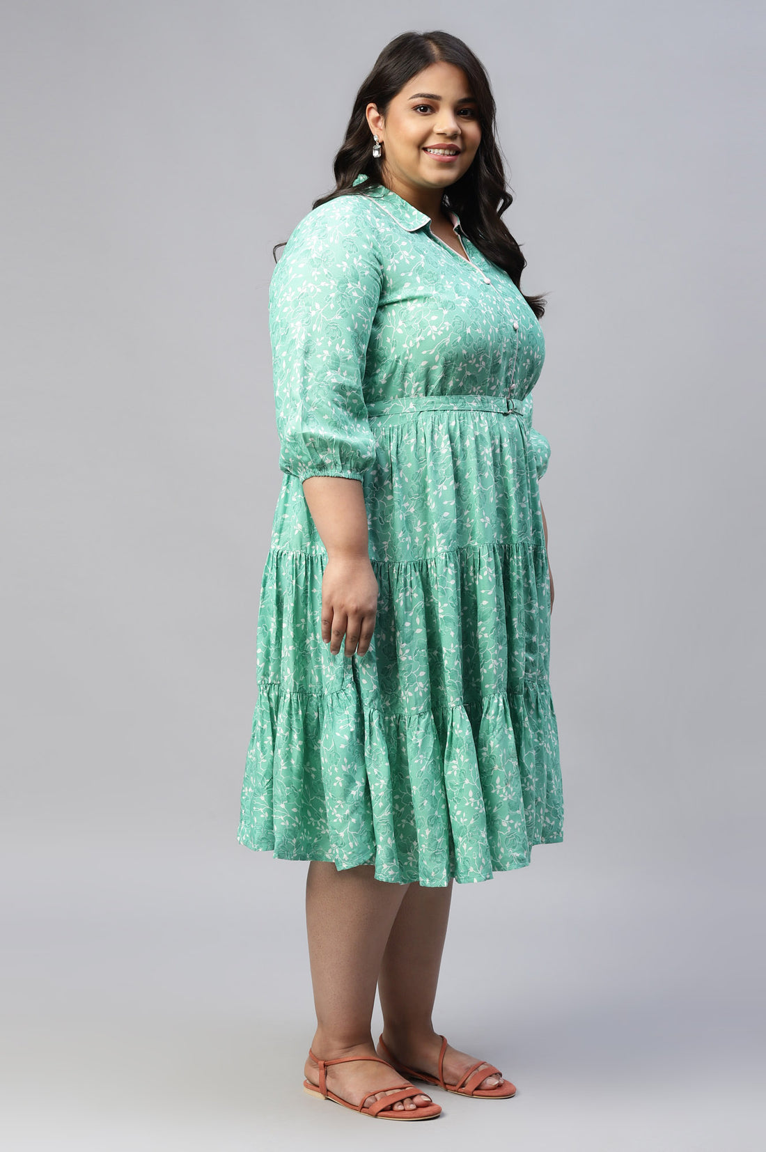 Green Shirt Collar Plus Size Liva Dress With Floral Motifs